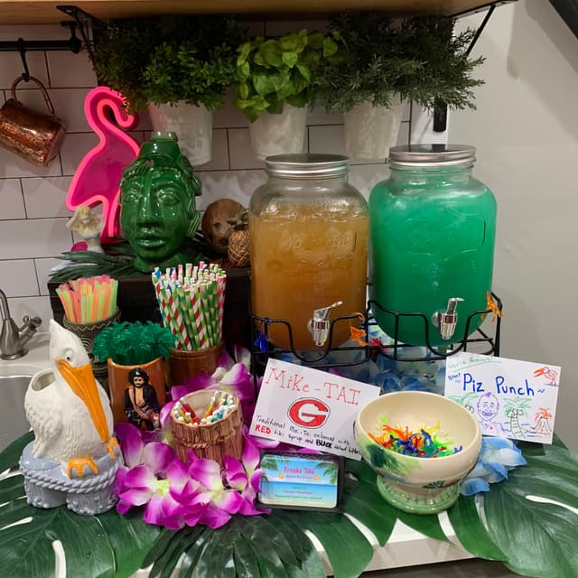 Self-serve drink stations package - Party-ready drink tables with pre-batched drinks & themed drinkware. Experience the tiki bar in your home without any of the shopping or setup. Ideal for smaller gatherings ~